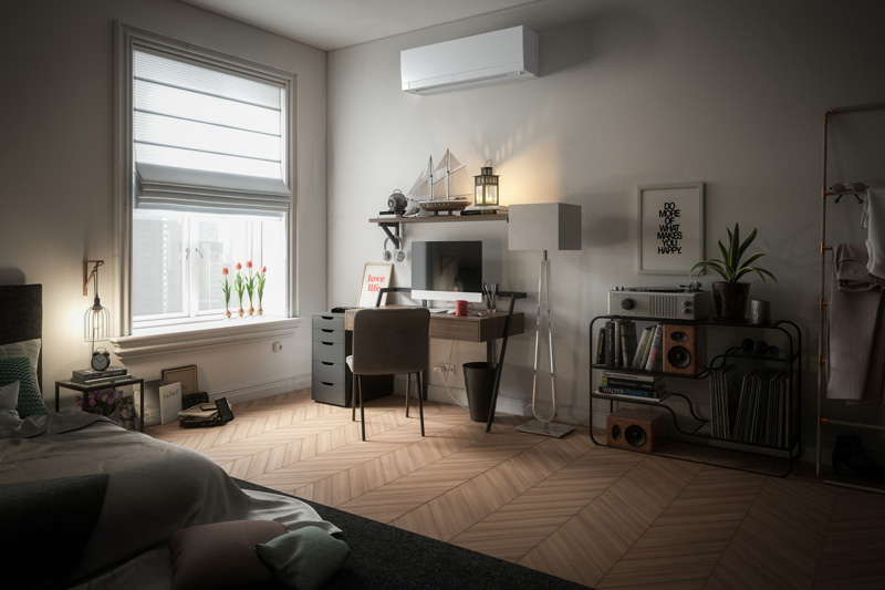 Mitsubishi Electric Mini-Split Wall Mount in Bedroom.